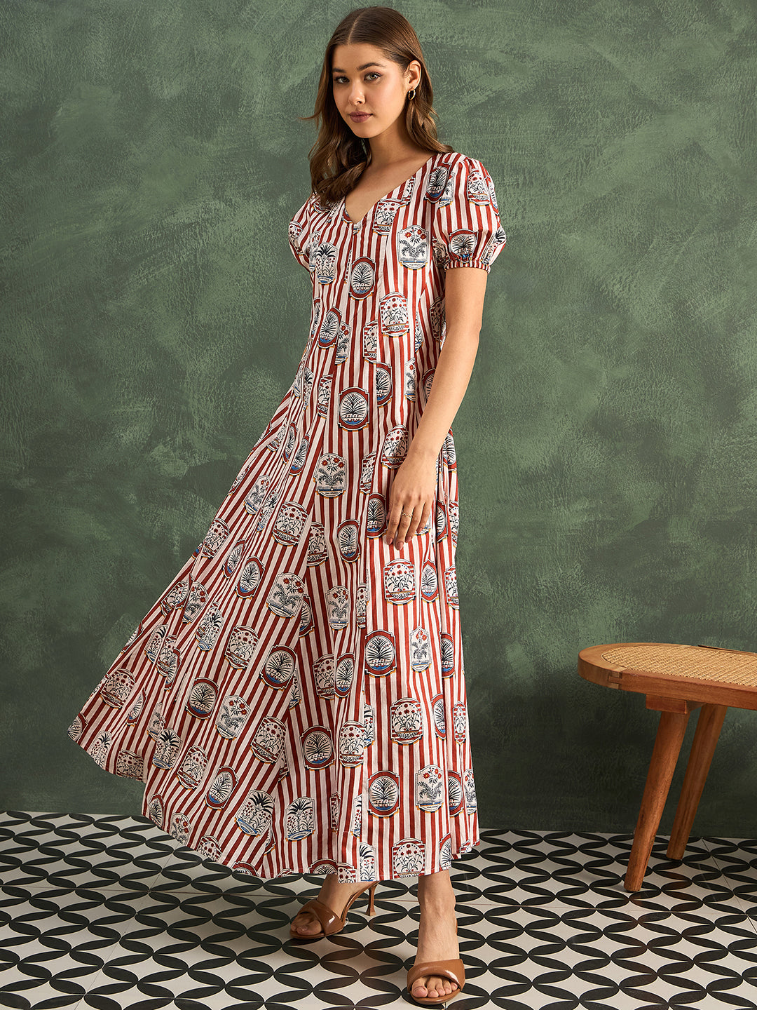 Puff Sleeve A-Line Pure Cotton Maxi Dress