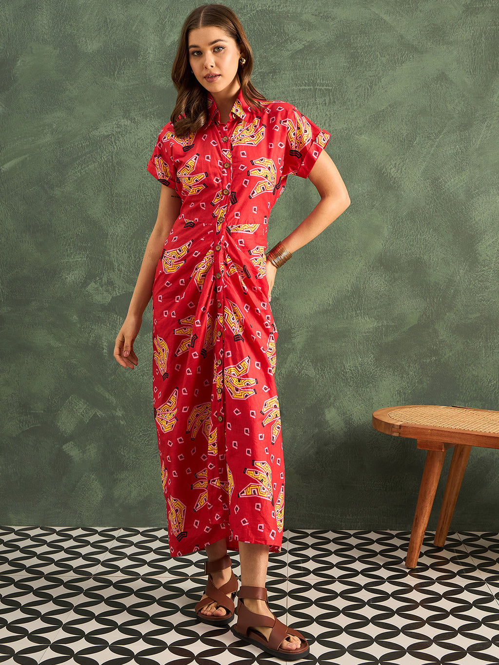 Pure Cotton Cinched-Line Midi Dress