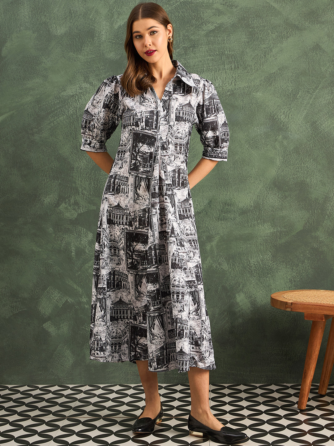 Front Pleated Pure Linen Midi Dress