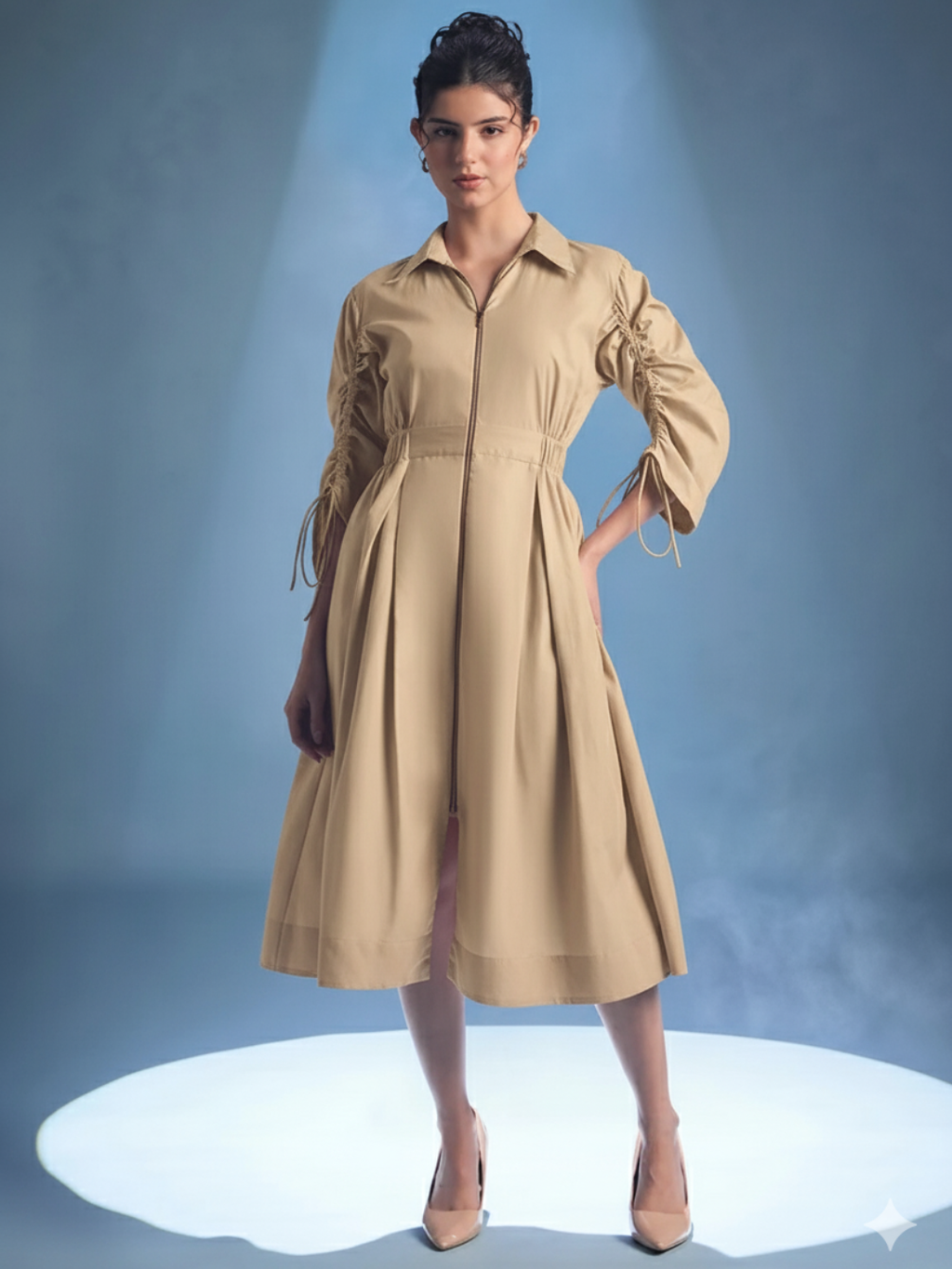 Cotton Zip Dress With Gathered Tie-Up Sleeves - Pinkkup