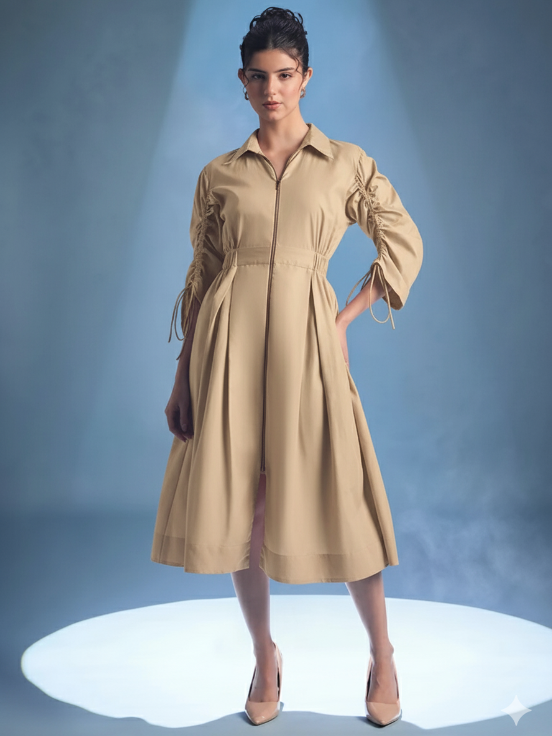 Cotton Zip Dress With Gathered Tie-Up Sleeves - Pinkkup