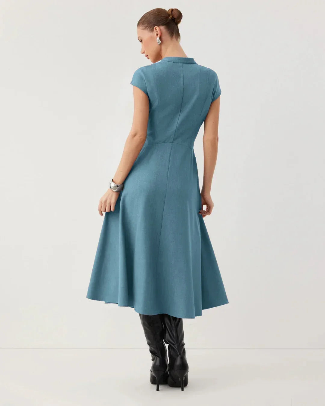 V-Neck Fit & Flare Solid Sleeveless Midi Dress in French Blue