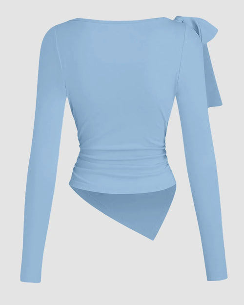 Boat Neck Bow-Shoulder Asymmetric Hem Full Sleeve Top in Blue
