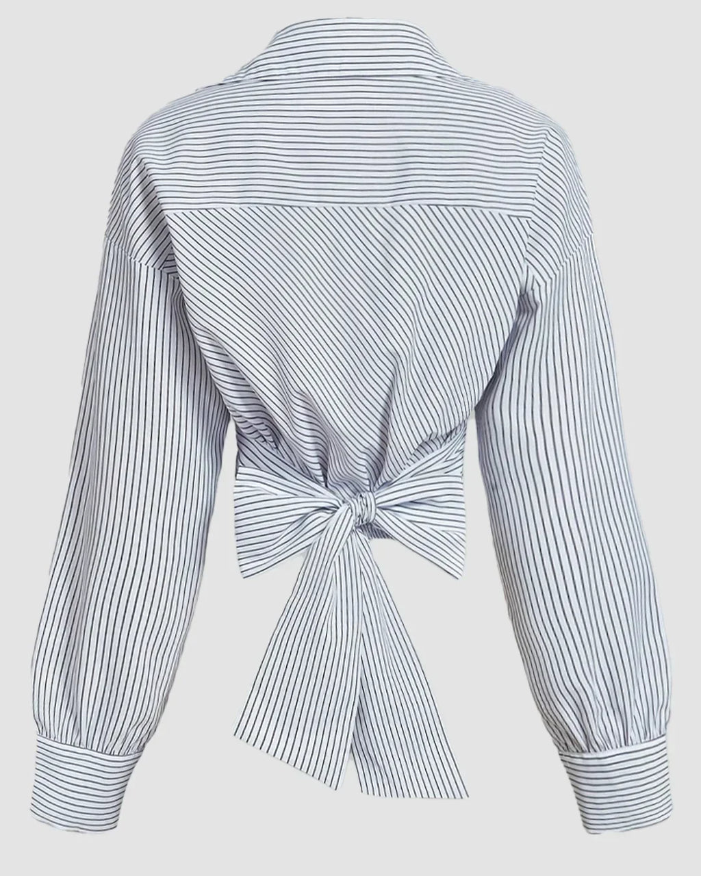 Black Striped Wrap Front Collared Full Sleeve Top With Waist Tie