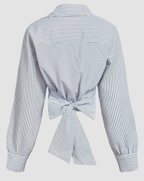 Black Striped Wrap Front Collared Full Sleeve Top With Waist Tie