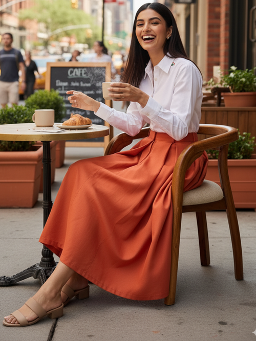 Box Pleated Linen Midi Skirt - Pinkkup