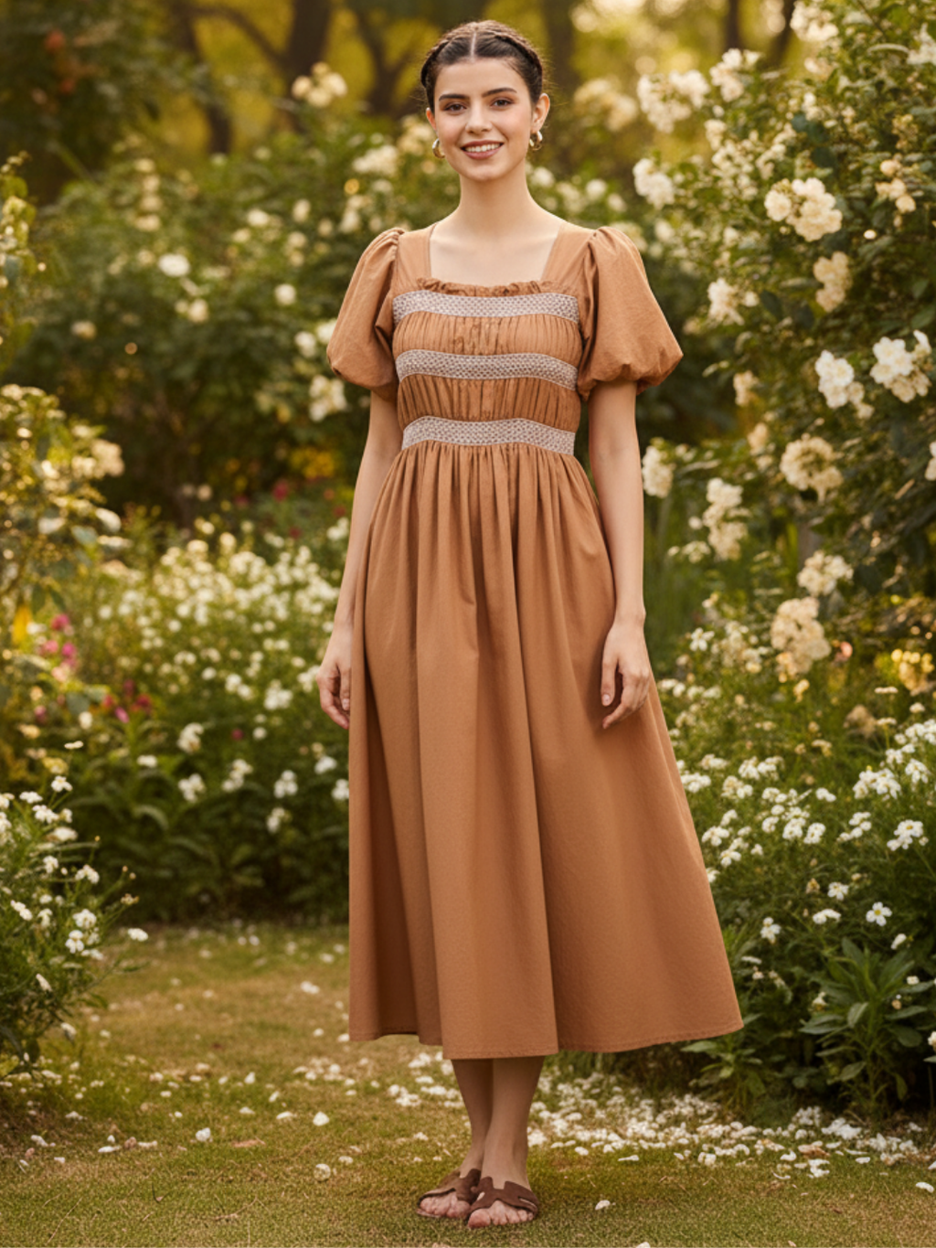 Puff Sleeve Smocked Cotton Midi Dress - Pinkkup