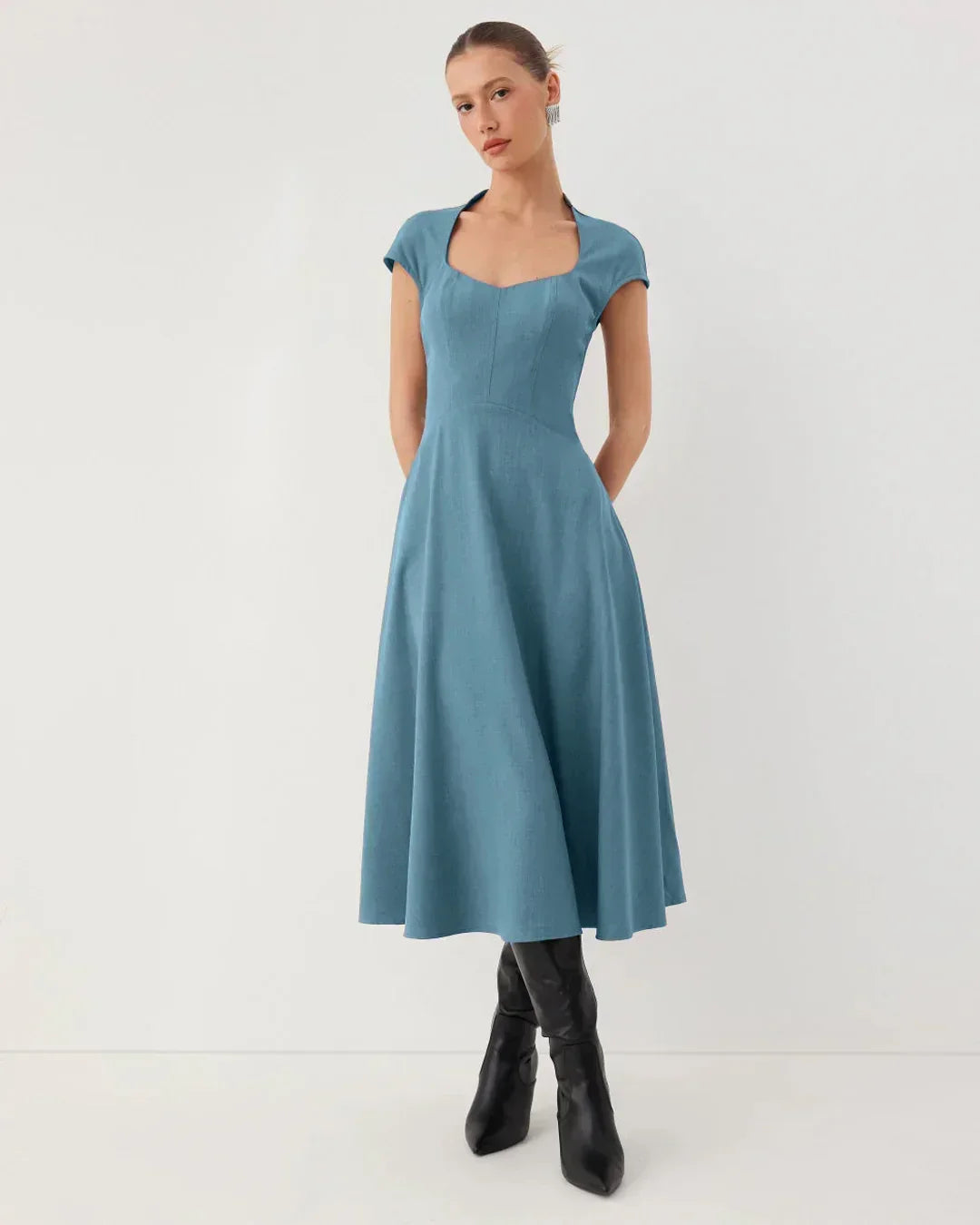 V-Neck Fit & Flare Solid Sleeveless Midi Dress in French Blue