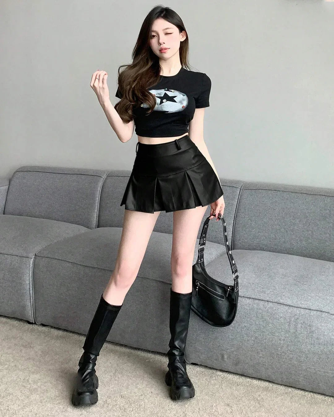 Solid Color Mini Pleated Leather Skirt for Women in Black