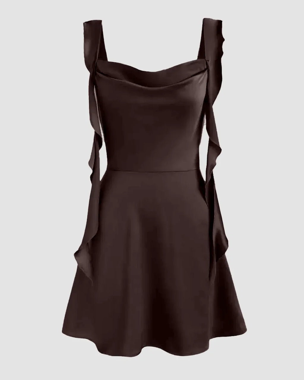 Satin Ruched Ruffle Hem Mini Dress in Coffee
