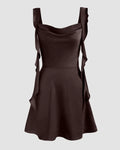 Satin Ruched Ruffle Hem Mini Dress in Coffee