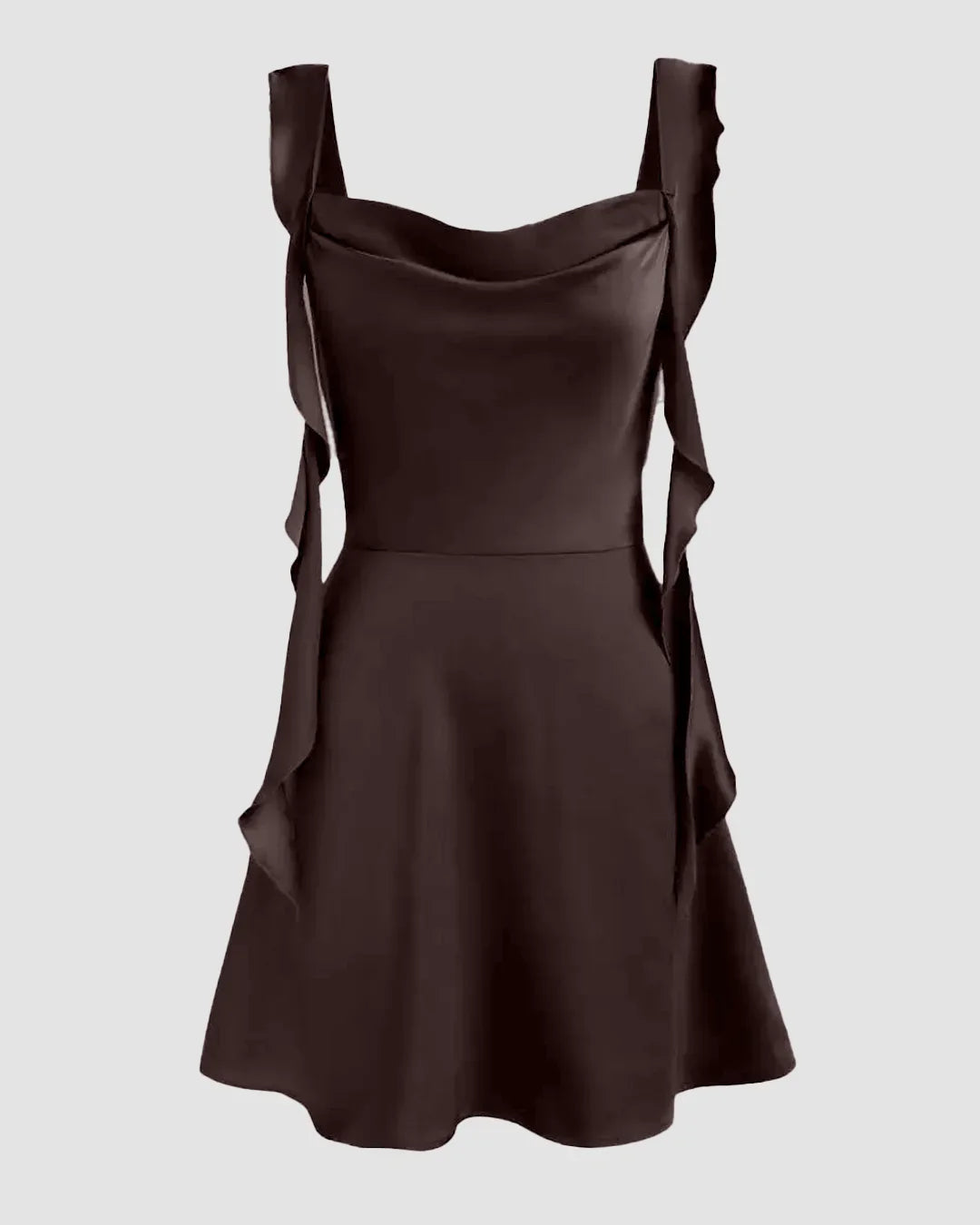 Satin Ruched Ruffle Hem Mini Dress in Coffee