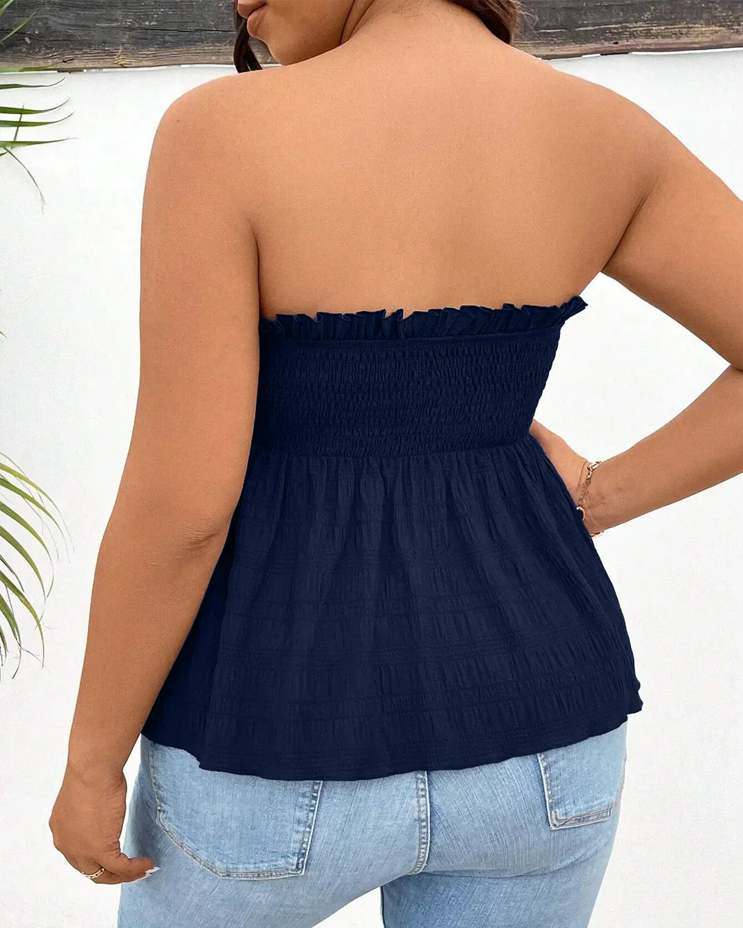 Navy Blue Smocked Peplum Tube Top Curve & Plus
