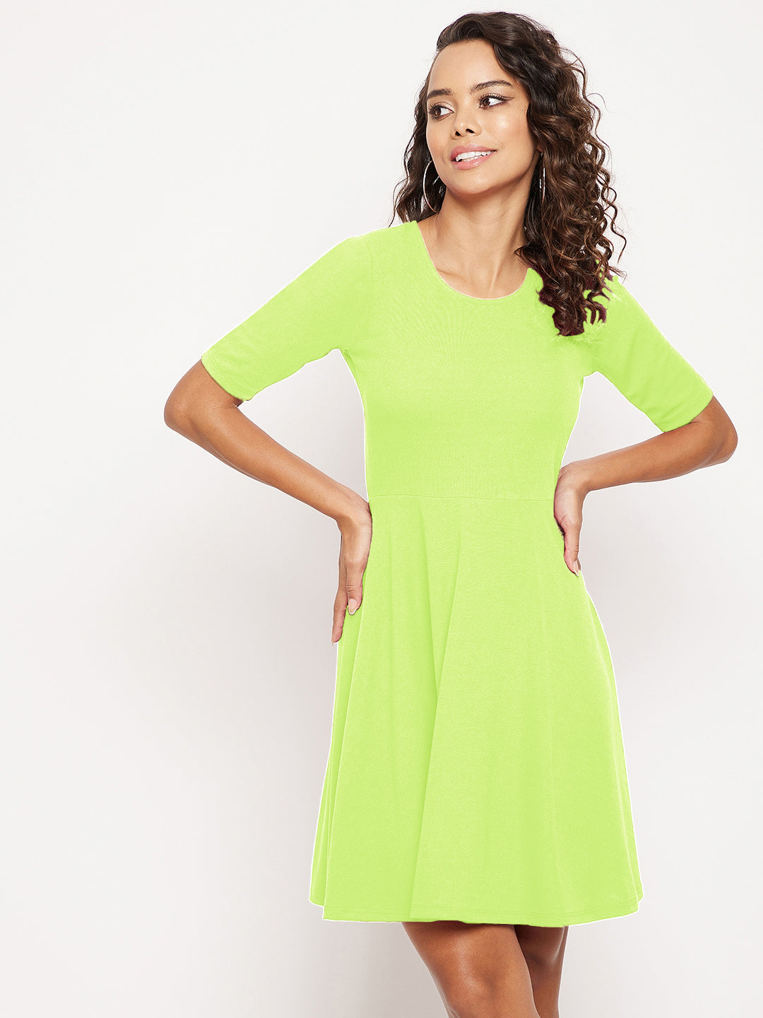 Round Neck Stretchable Skater Cotton Dress - Pinkkup