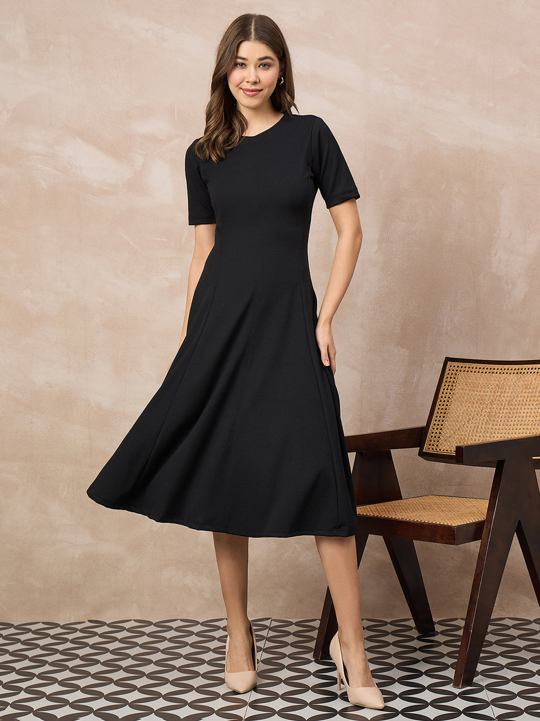 Stretchable Flared-Skirt Ribbed Dress