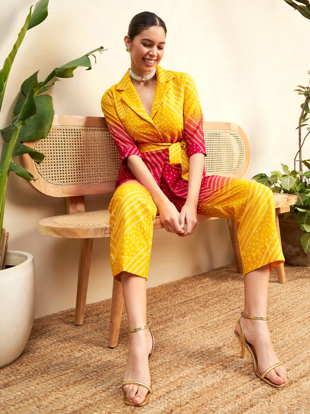 Printed Linen 2 Piece Jacket and Pants Set - Pinkkup