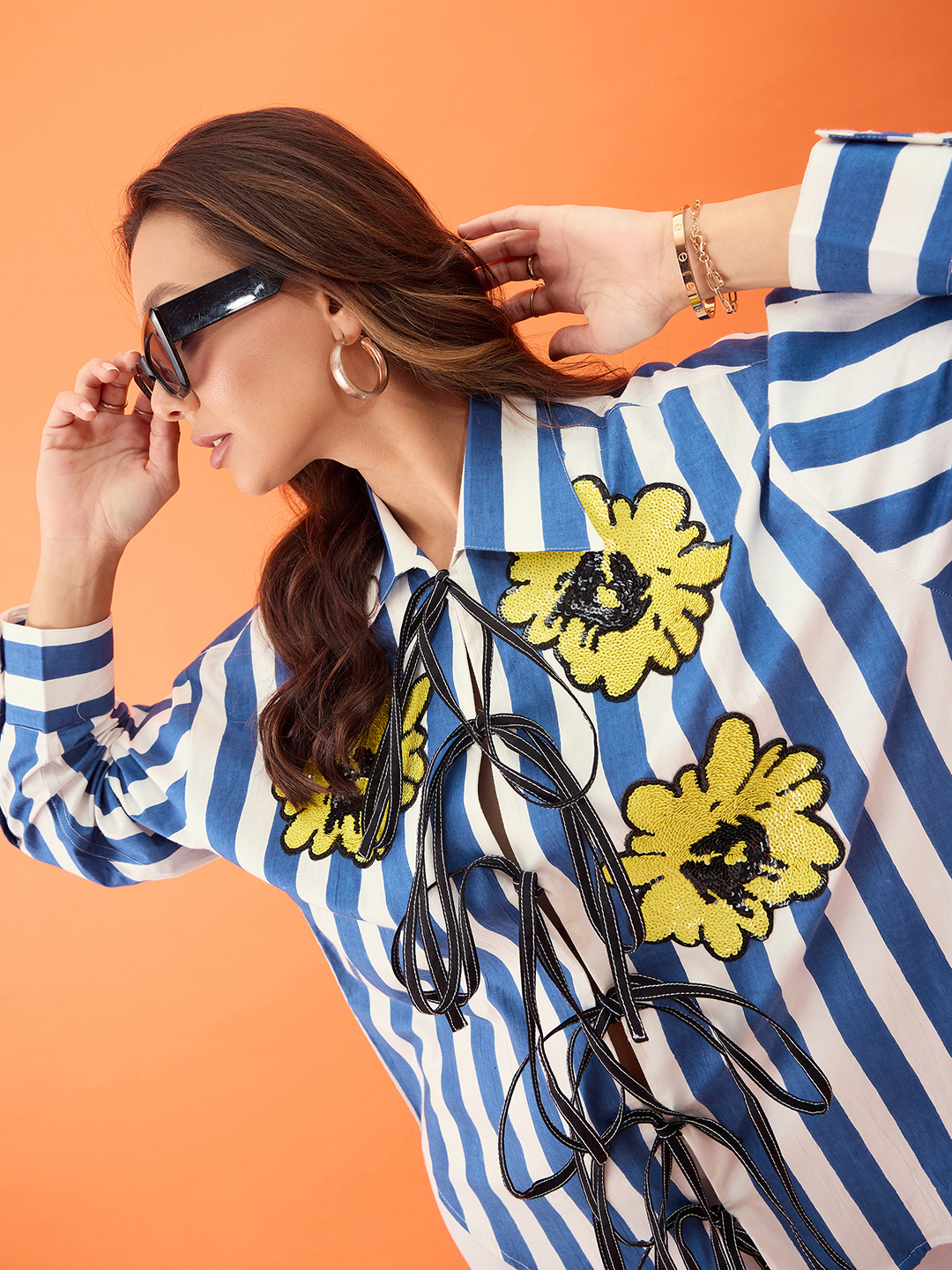 Printed Tie-Up Full Sleeve Sequinned Cotton Shirt - Pinkkup
