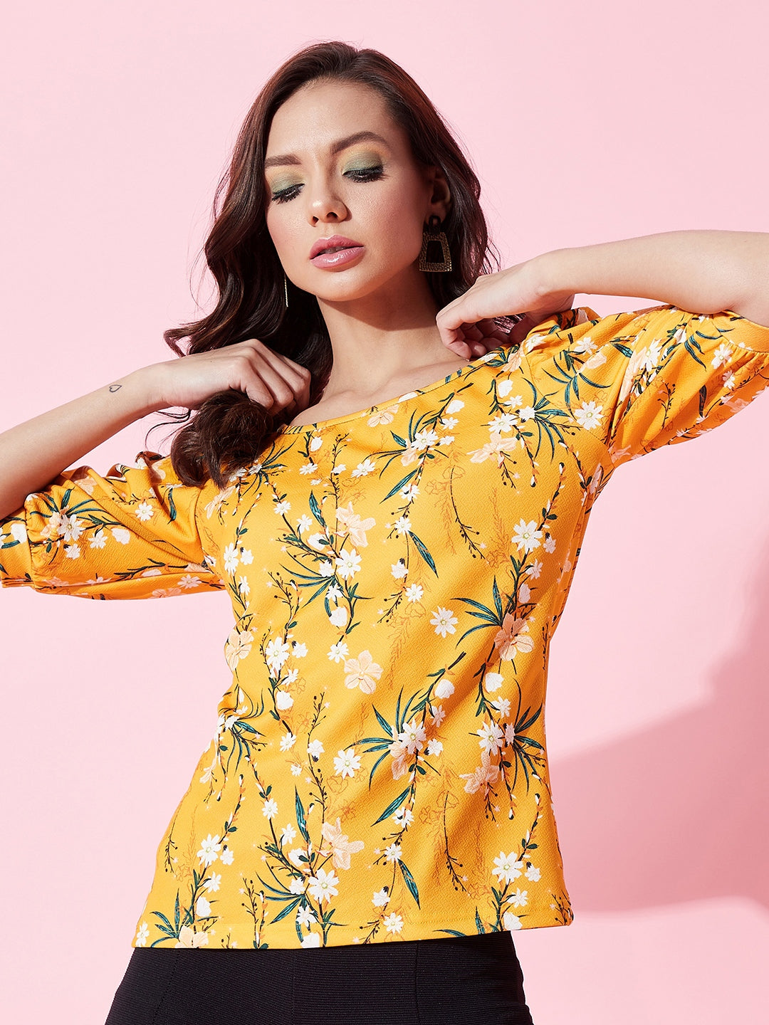 Cotton Floral Stretchable Puff Sleeve Top