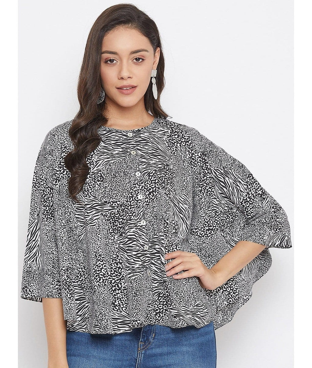 Printed Buttoned Crepe Cape Top - Pinkkup