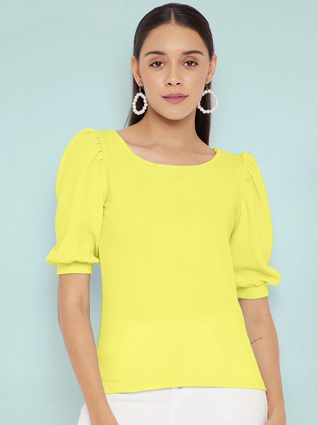 Cotton Solid Stretchable Round Neck Puff Sleeve Top