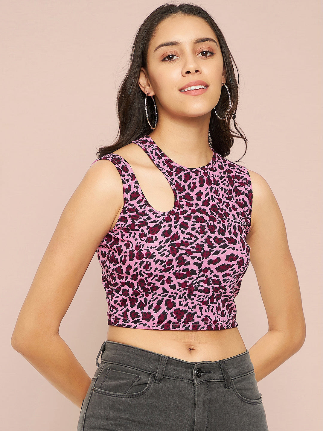 Printed Cotton Stretchable Shoulder Cutout Crop Top