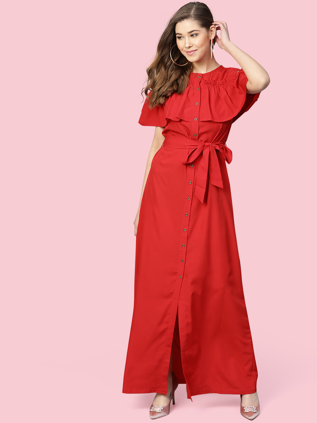 Ruffled Buttoned Cold Shoulder Maxi Dress - Pinkkup