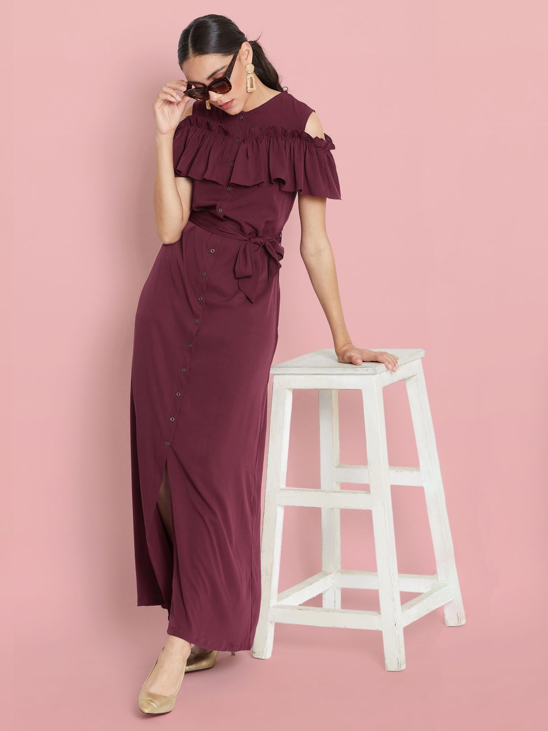 Ruffled Buttoned Cold Shoulder Maxi Dress