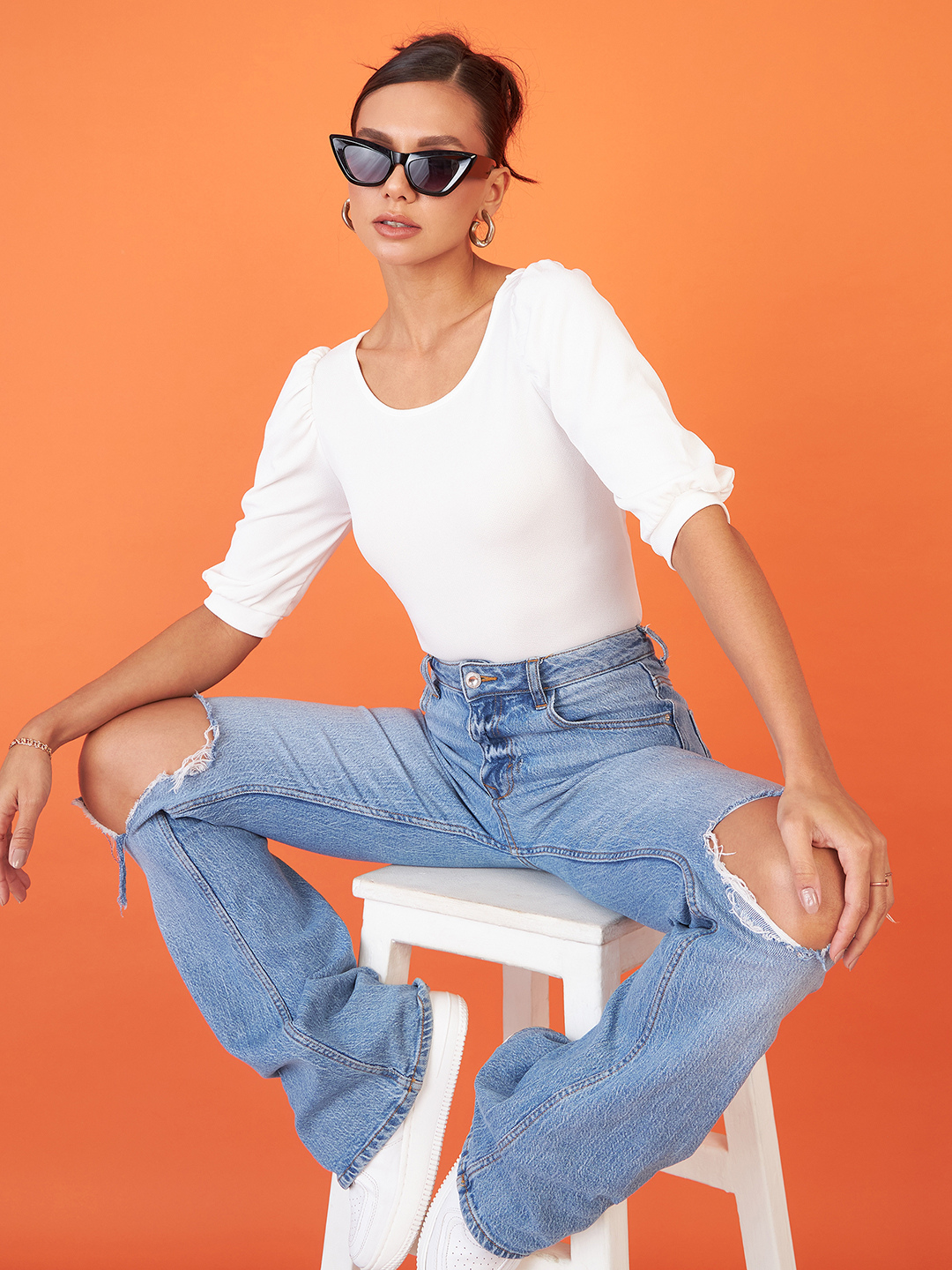 Cotton Solid Stretchable Round Neck Puff Sleeve Top - Pinkkup
