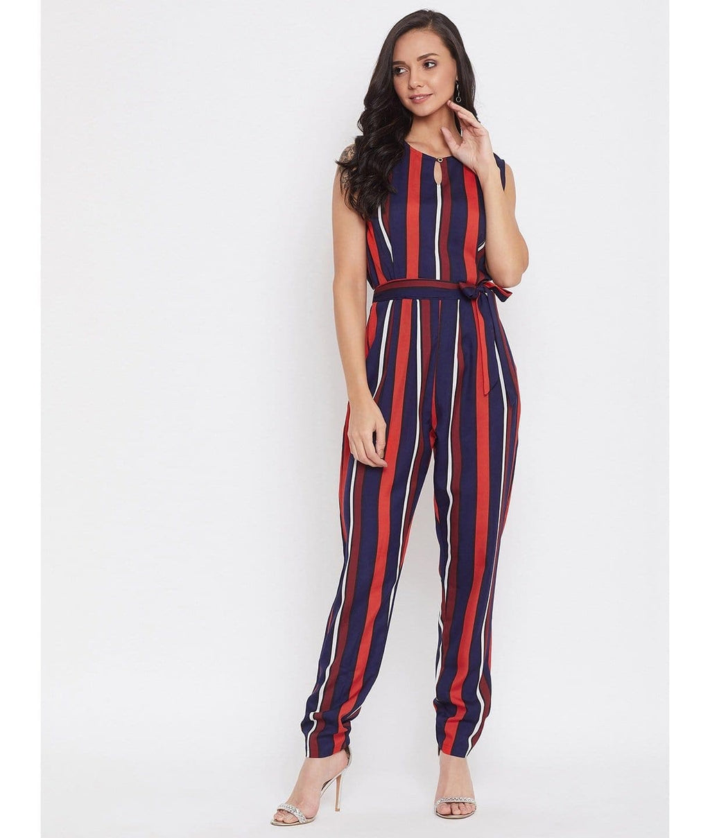 Striped Keyhole Jumpsuit with Belt - Pinkkup