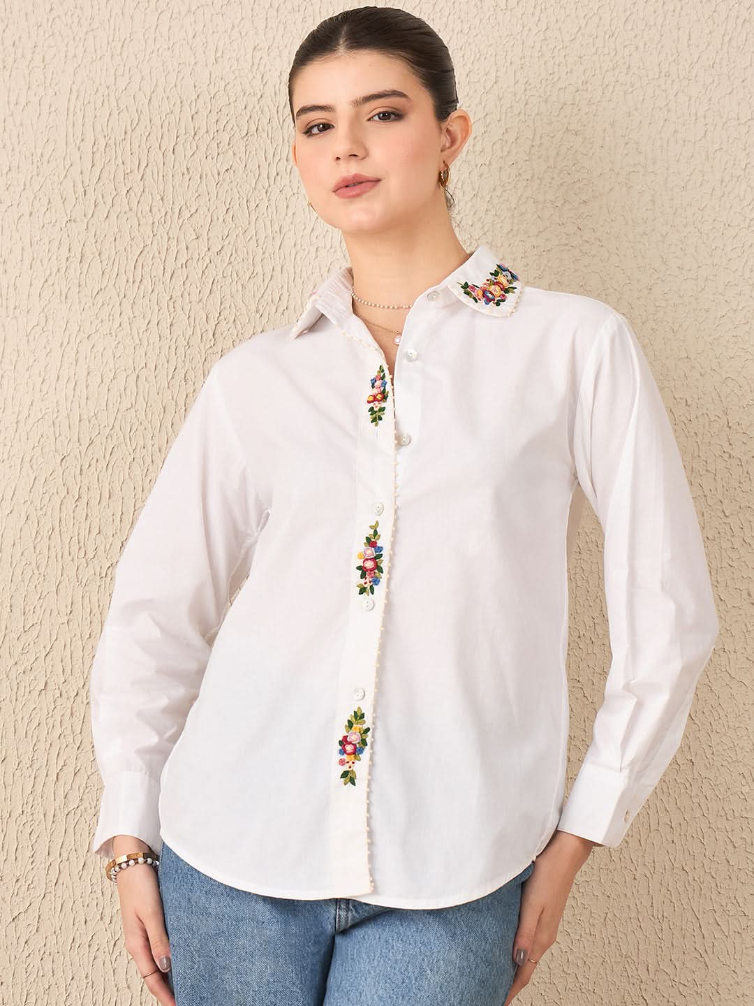 Hand Embroidered Cotton Shirt - Pinkkup