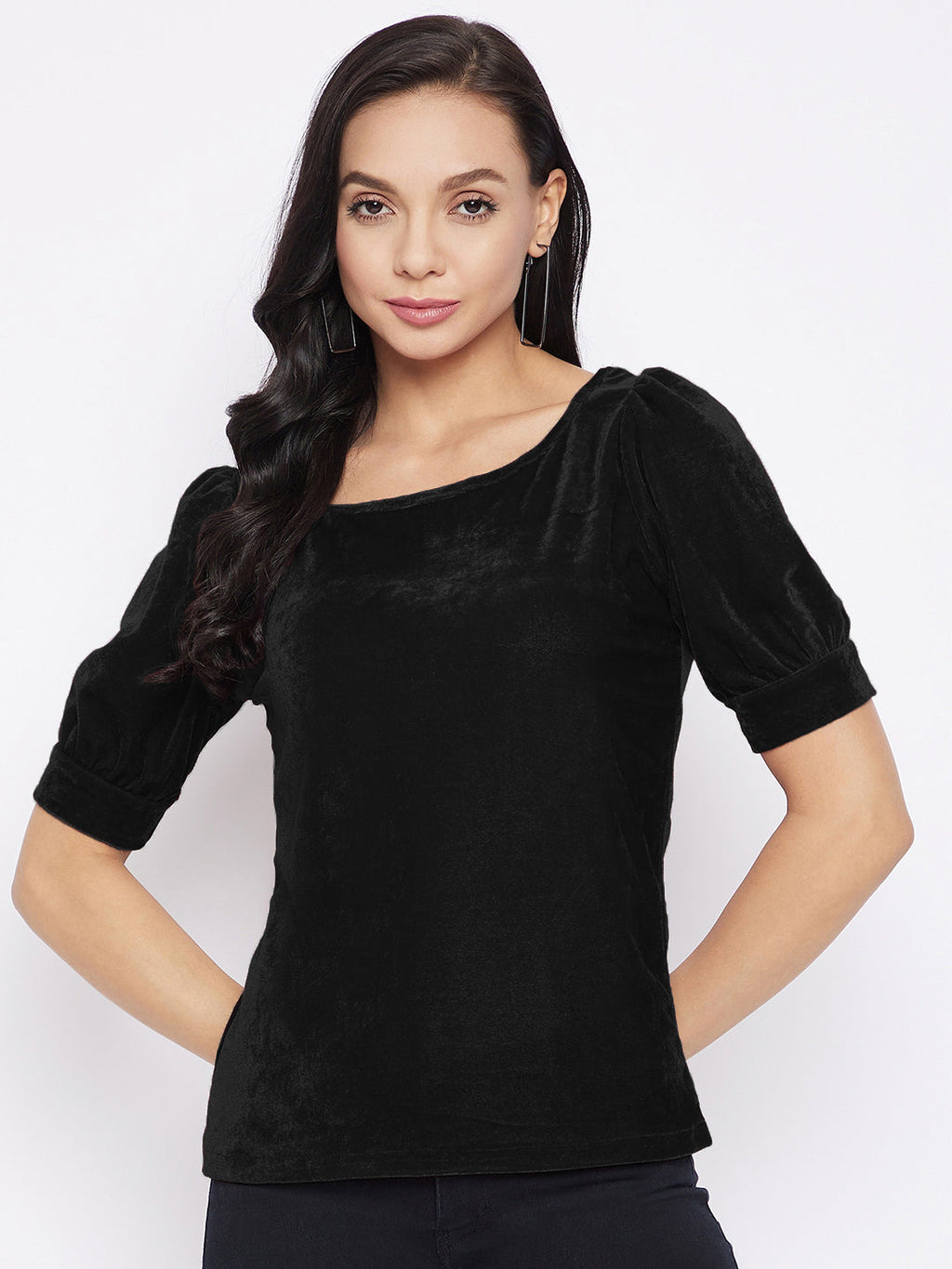 Stretchable Velvet Round Neck Puff Sleeve Top - Pinkkup