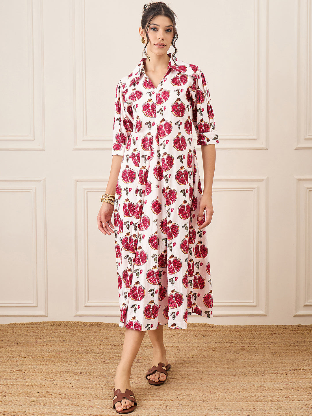 Front Pleated Cotton Midi Dress