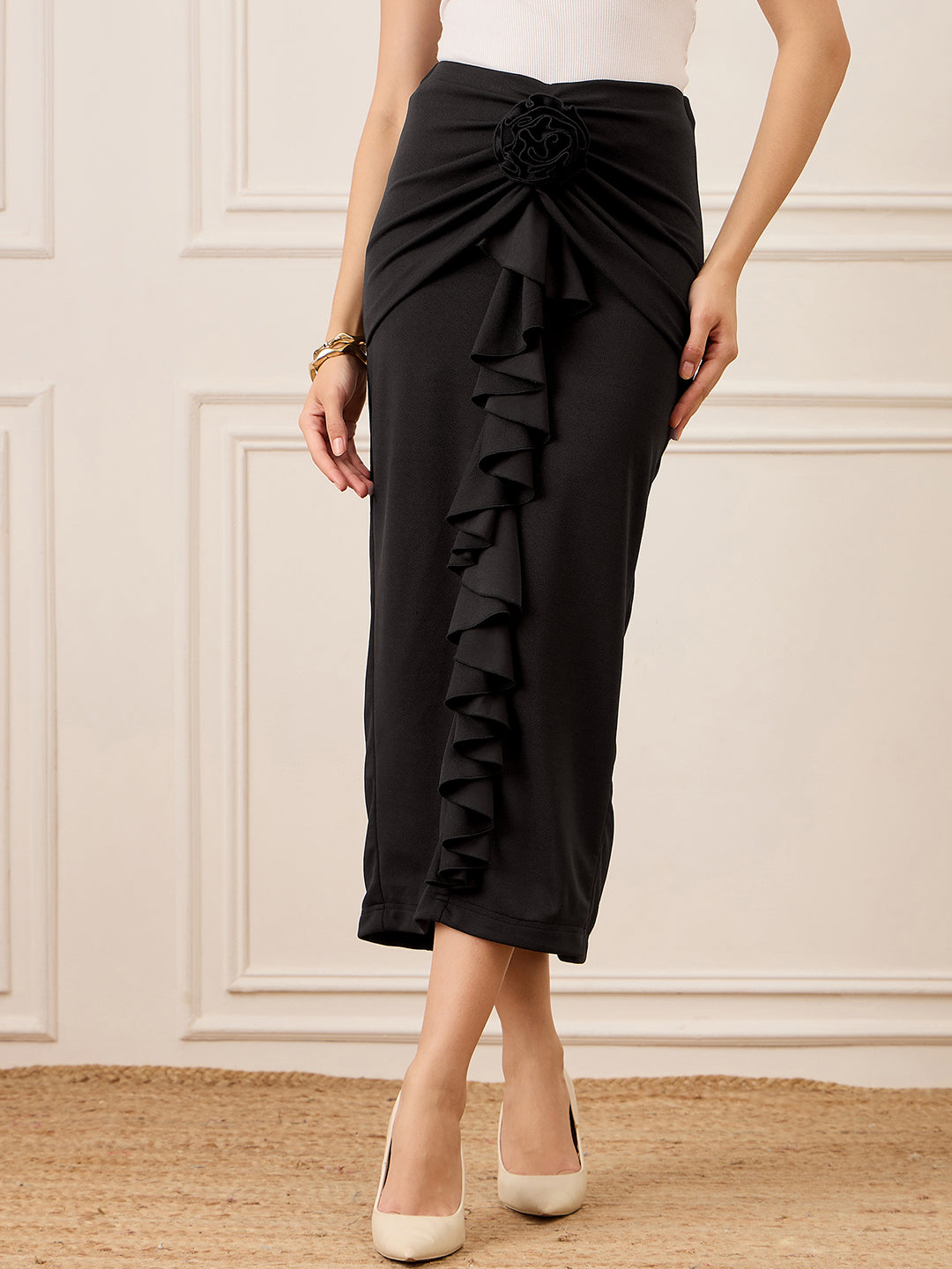 Stretchable Ruffle Rosette Midi Skirt