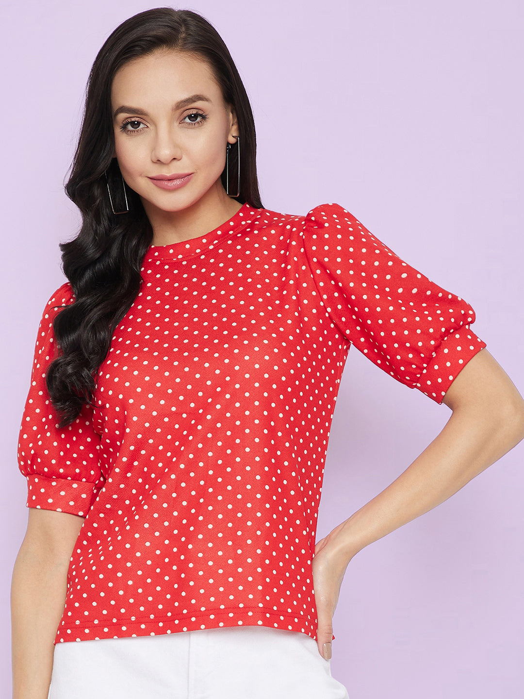 Cotton Polka Stretchable Puff Sleeve Top
