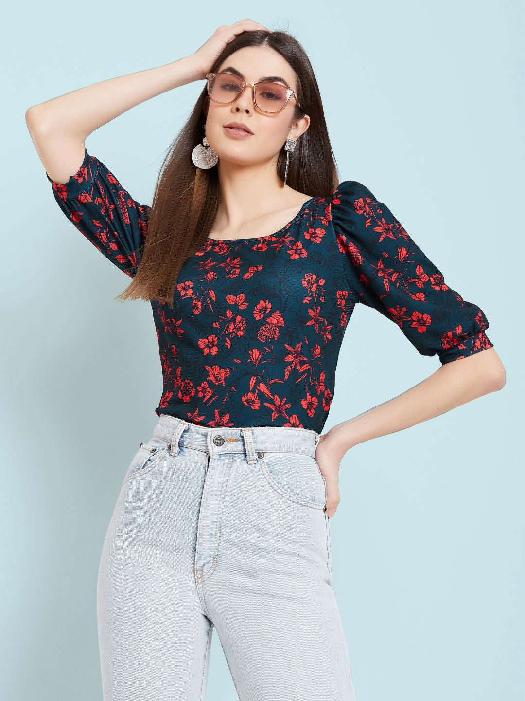 Cotton Floral Stretchable Puff Sleeve Top - Pinkkup