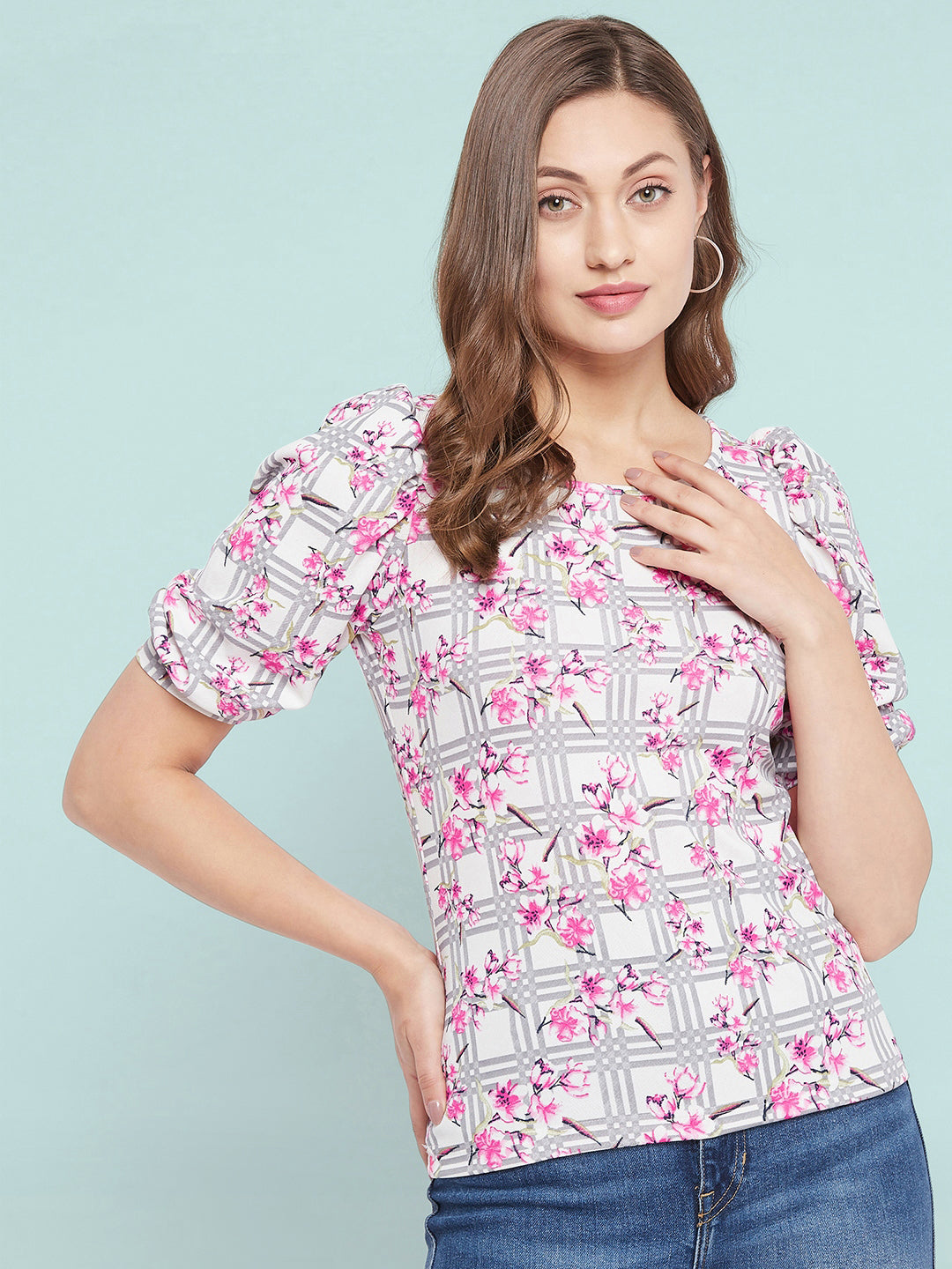 Cotton Floral Stretchable Puff Sleeve Top