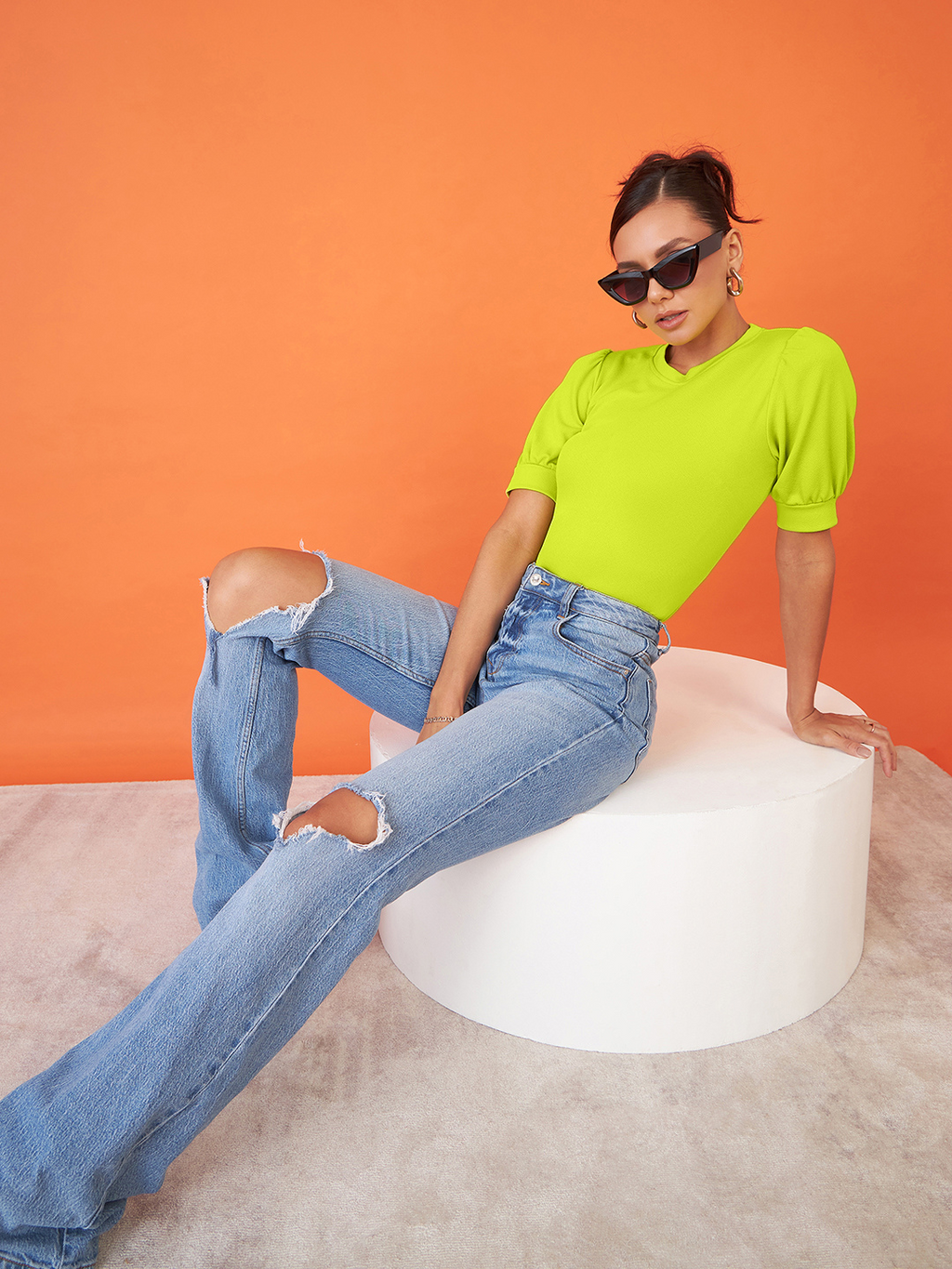 Cotton Solid Stretchable High Neck Puff Sleeve Top - Pinkkup