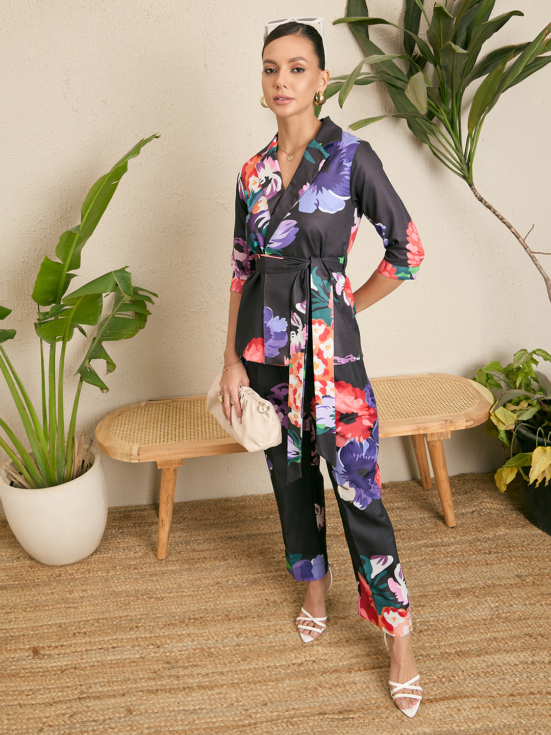 Printed Linen 2 Piece Jacket and Pants Set - Pinkkup