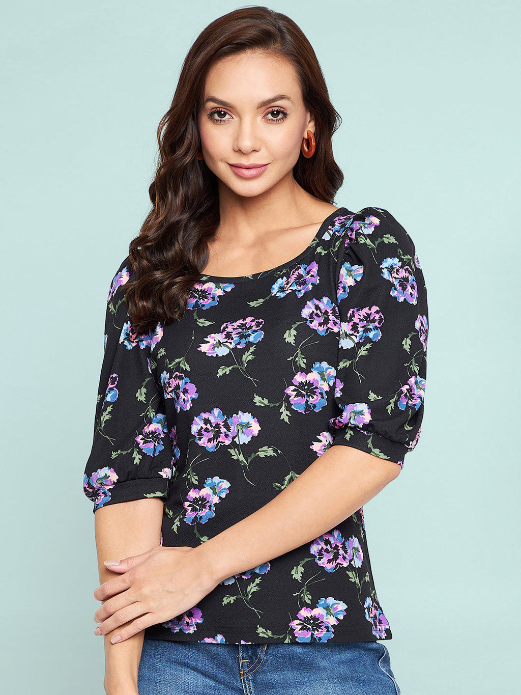 Cotton Floral Printed Stretchable Puff Sleeve Top