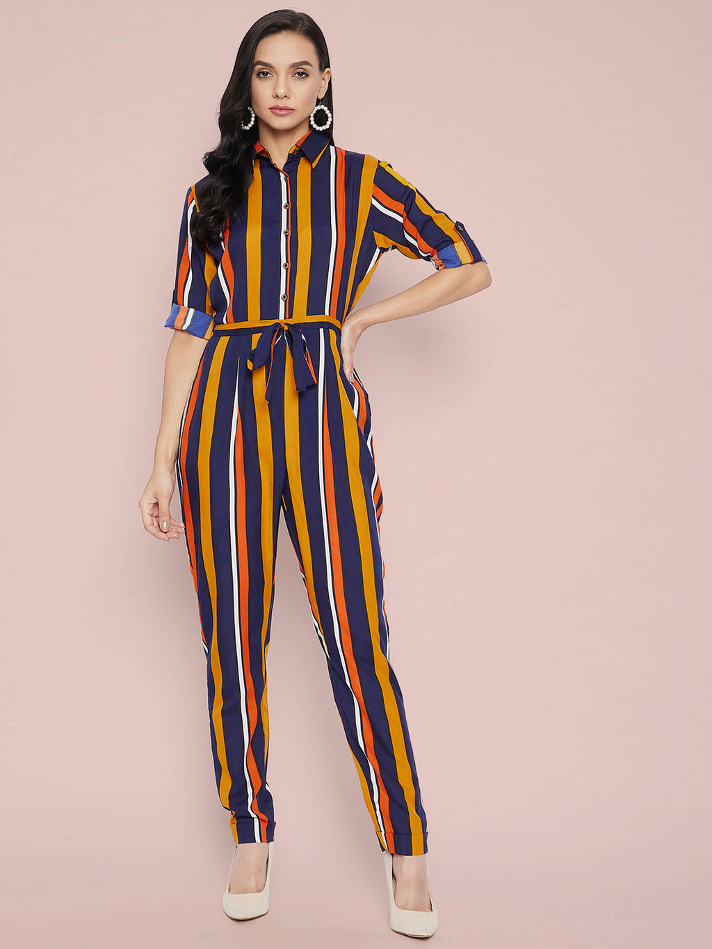 Striped Roll Up Jumpsuit