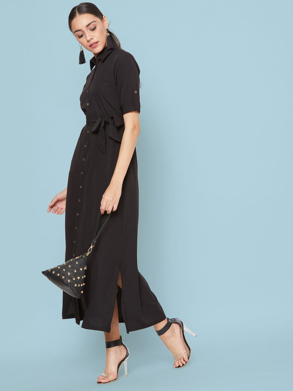 Collar Buttoned Down Shirt Maxi Dress - Pinkkup