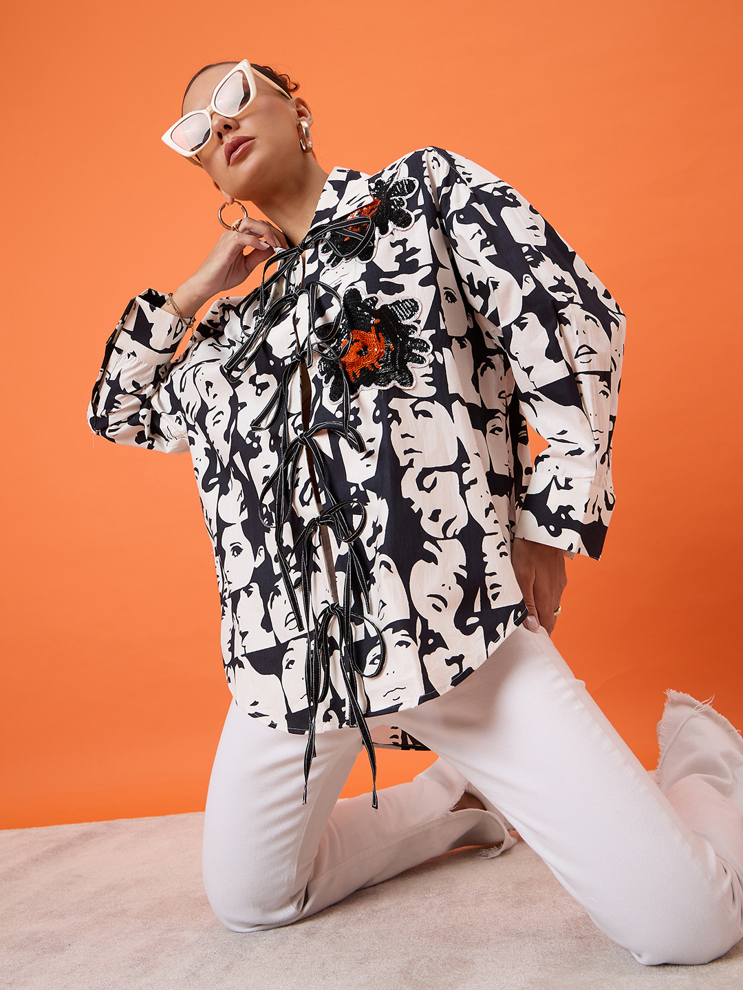 Printed Tie-Up Full Sleeve Sequinned Cotton Shirt - Pinkkup