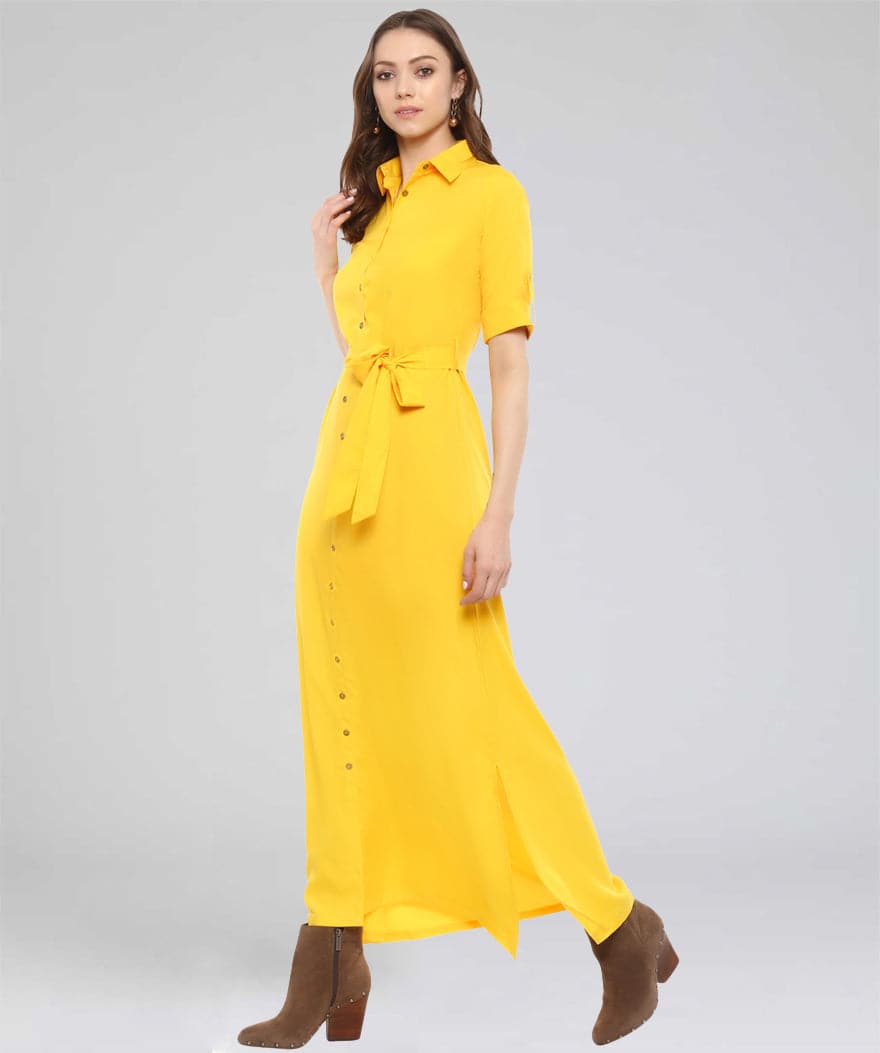 Collar Buttoned Down Shirt Maxi Dress - Pinkkup