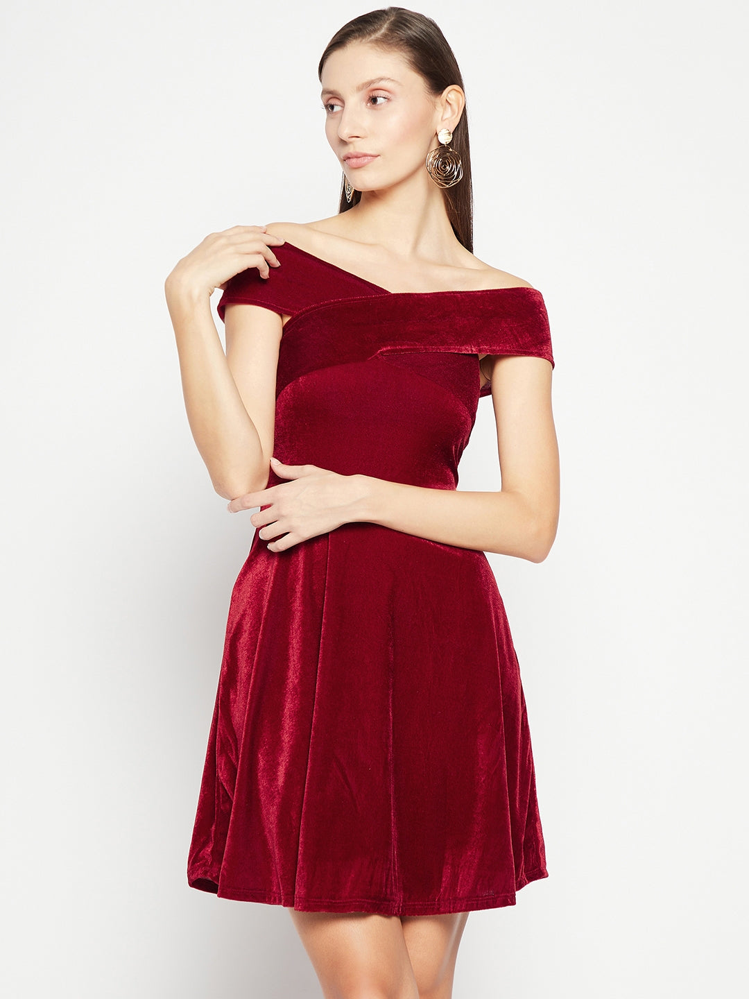 Off Shoulder Stretchable Velvet Skater Dress