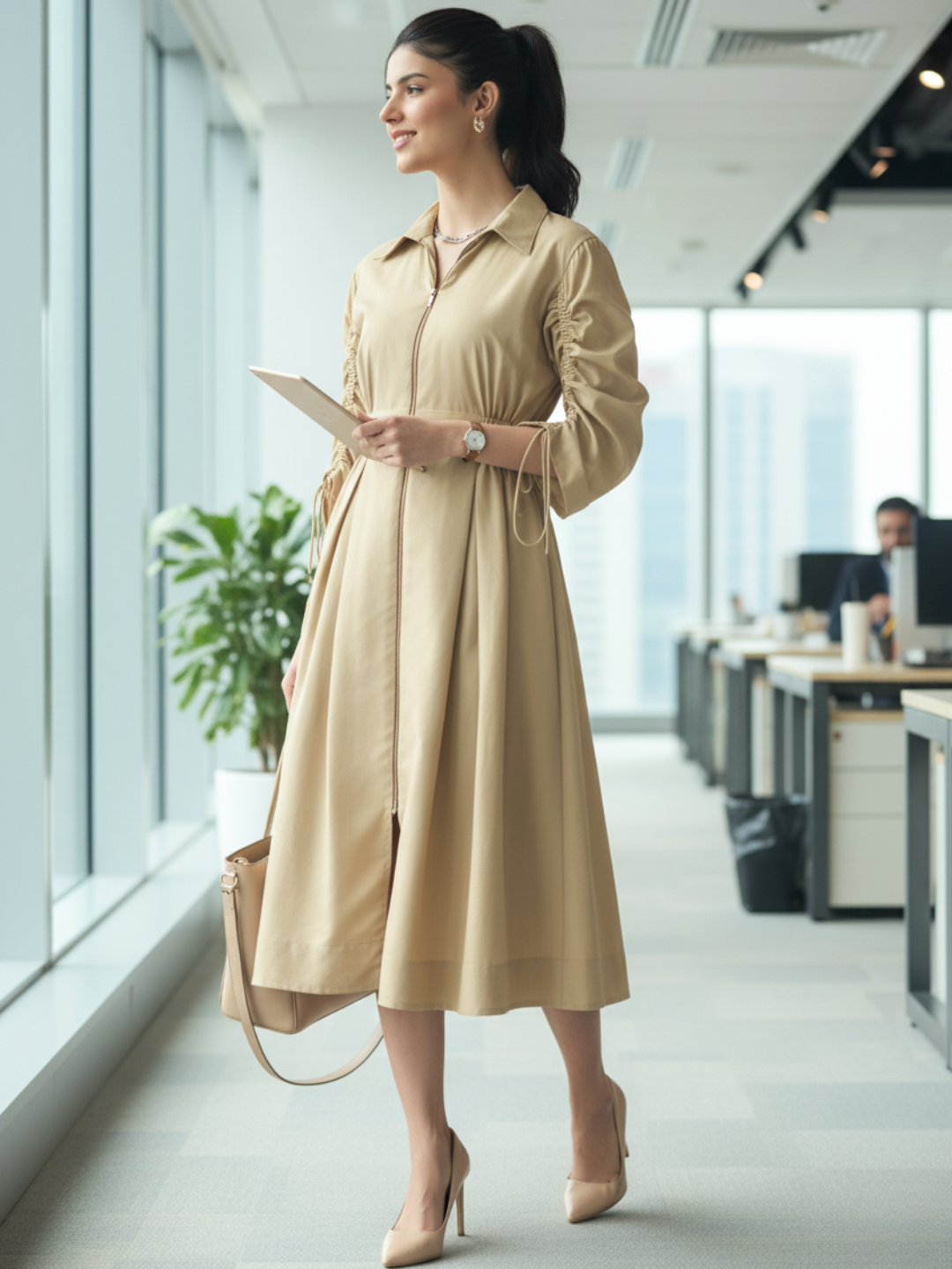 Cotton Zip Dress With Gathered Tie-Up Sleeves - Pinkkup