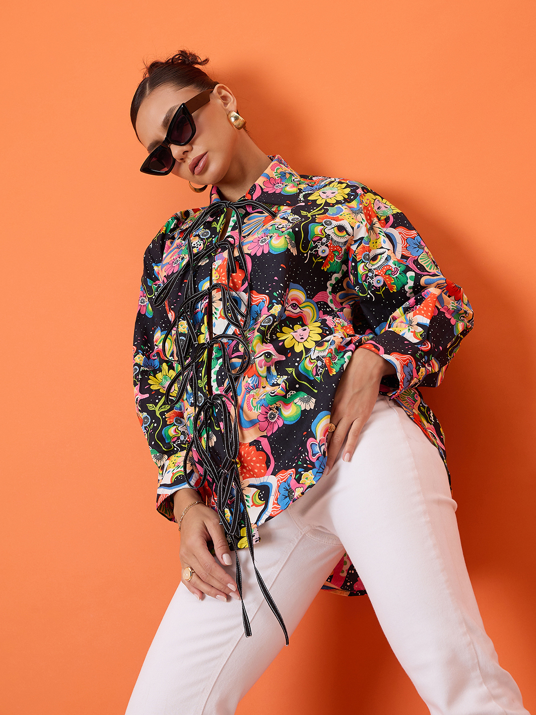 Printed Tie-Up Full Sleeve Cotton Shirt - Pinkkup