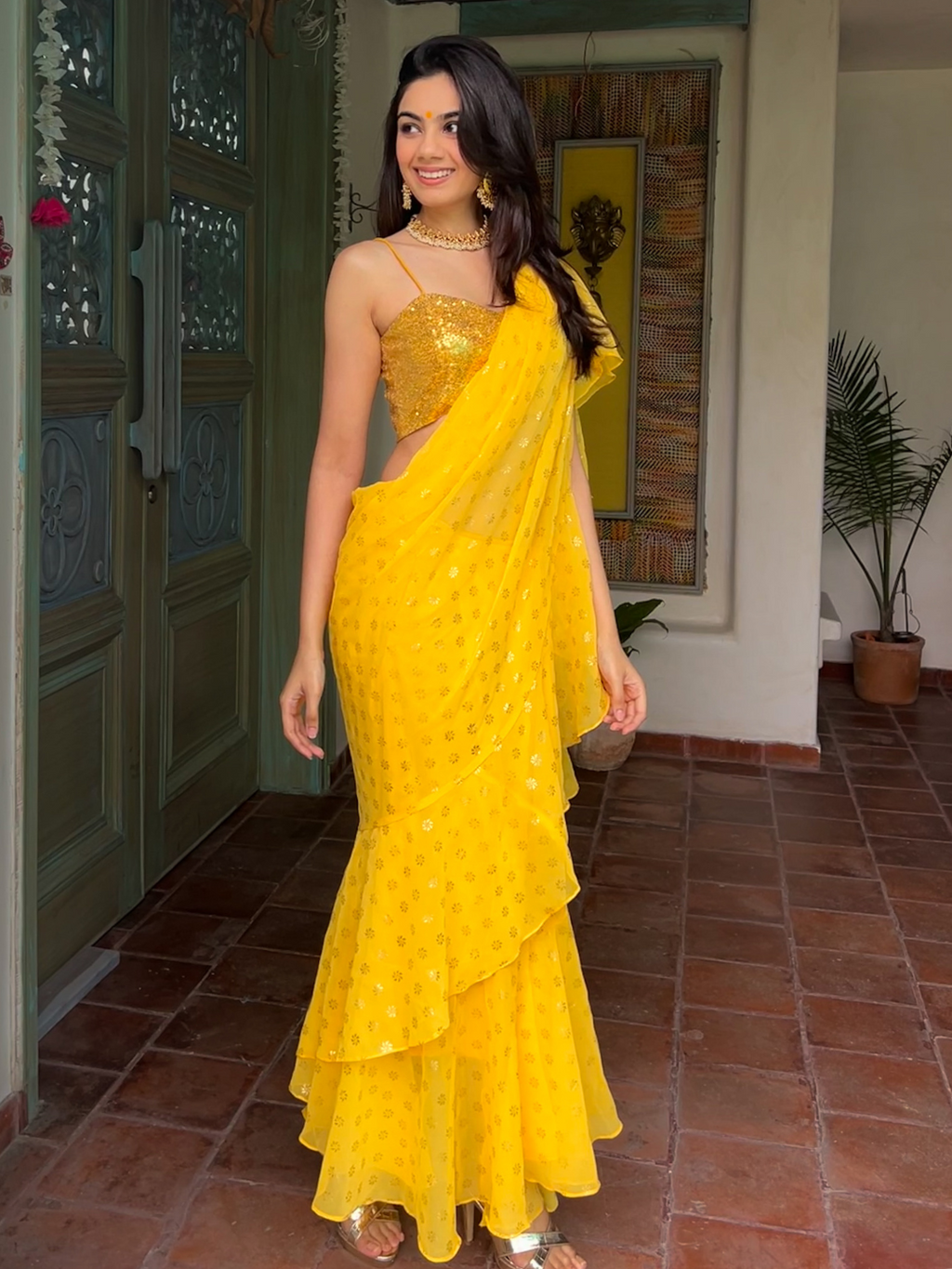 Pre-Stitched Ruffle Saree with Blouse - Pinkkup