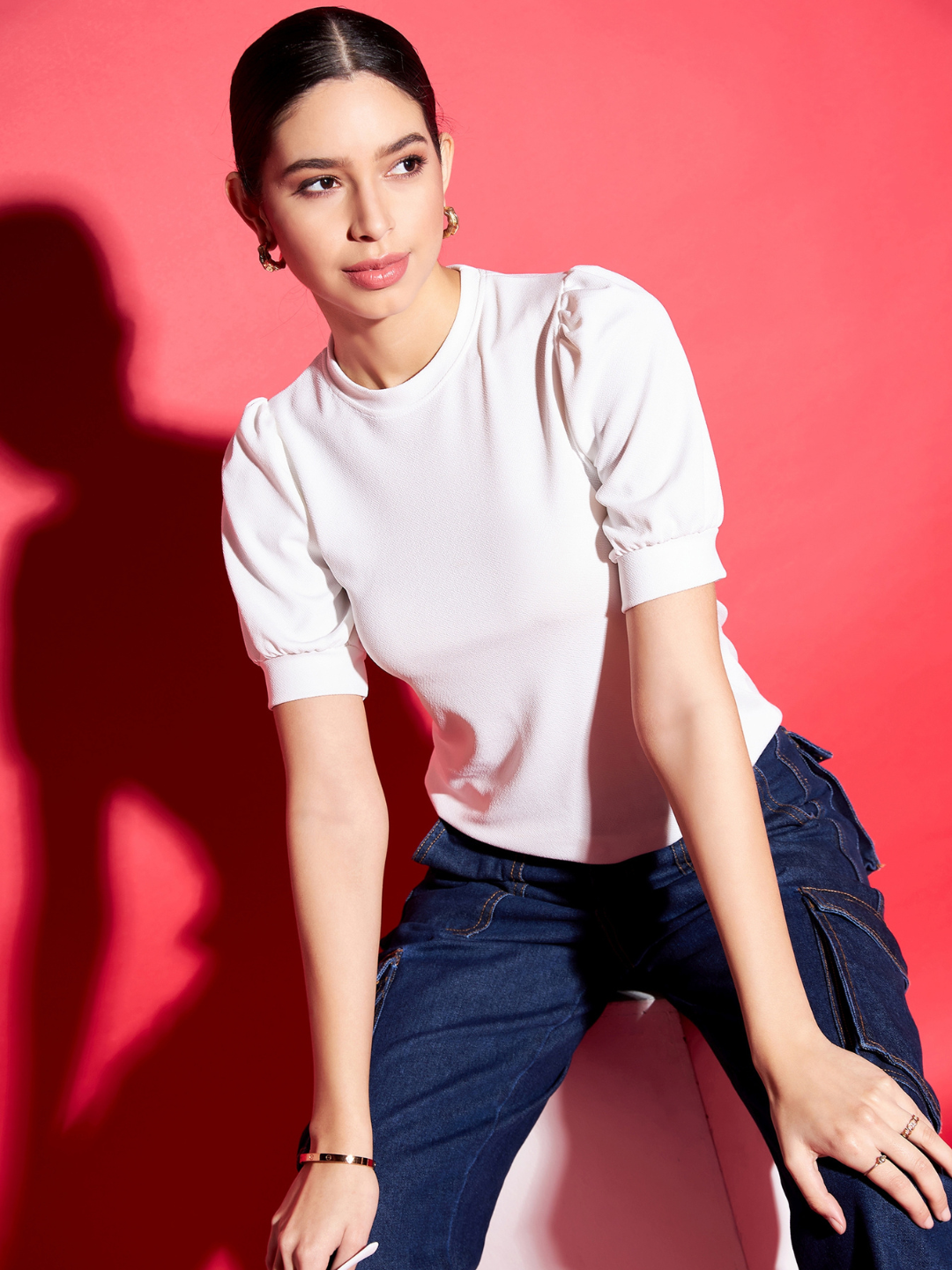 Cotton Solid Stretchable High Neck Puff Sleeve Top - Pinkkup