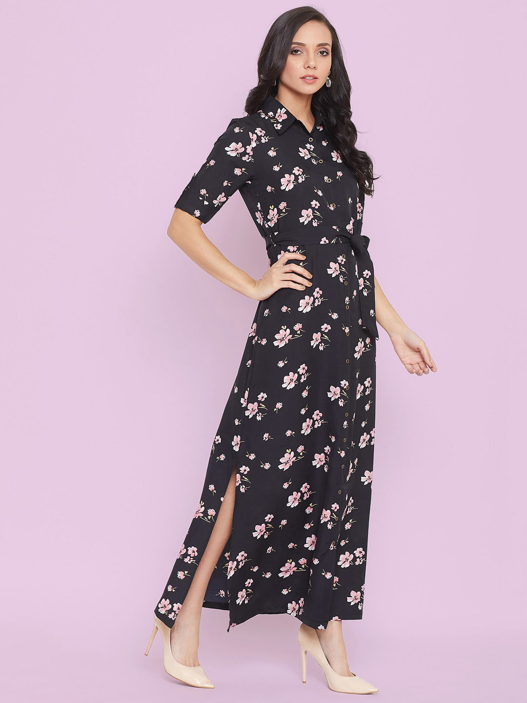 Collar Buttoned Down Shirt Maxi Dress - Pinkkup