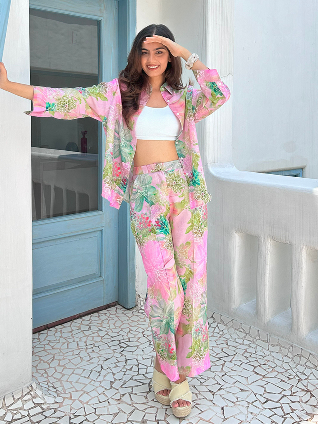 Floral Linen Printed Two Piece Co-ord Set - Pinkkup